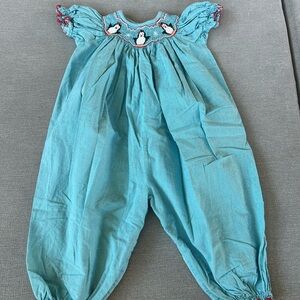 Petit Bebe Baby Girl 12mo Blue Winter Penguin Snow Smocked Ruffled Outfit